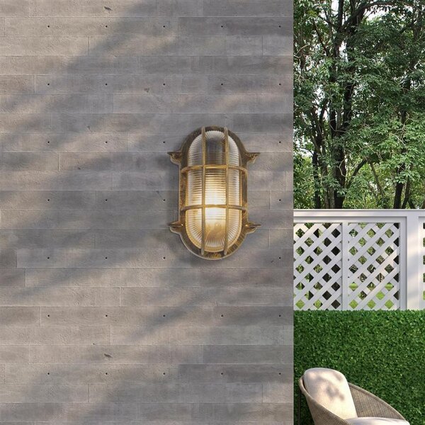 Searchlight Outdoor Oval Bulkhead Light in Black Gold Finish With Ribbed Glass IP44