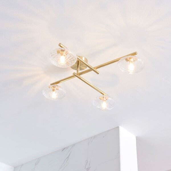 Iza Bathroom 4 Light Semi Flush Ceiling Light In Satin Brass With Ribbed Glass Shades IP44