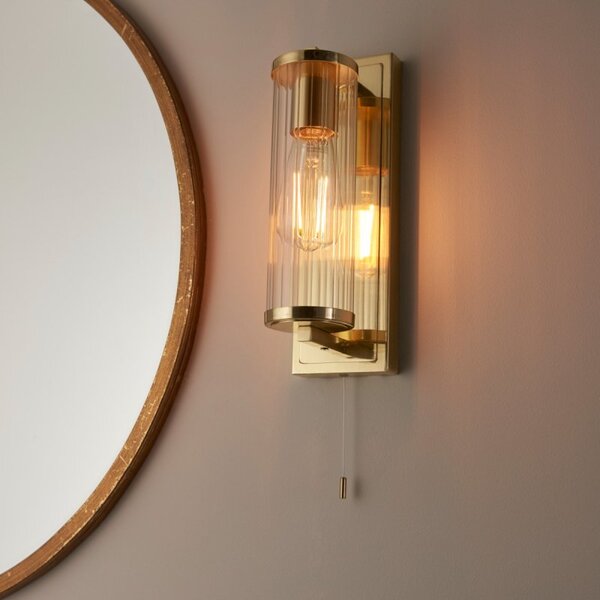 Cylinder Bathroom Wall Light In Satin Brass With Clear Ribbed Glass Shade IP44