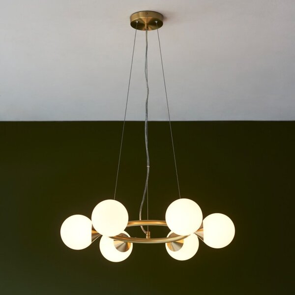 Teardrop 6 Light Ring Ceiling Pendant In Satin Brass Finish With Gloss White Glass Shades