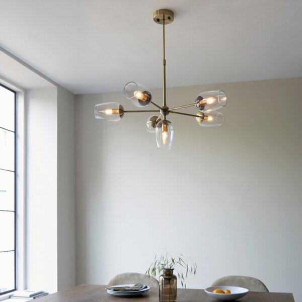 Slim 6 Light Ceiling Pendant Light In Antique Brass Finish With Clear Glass Shades