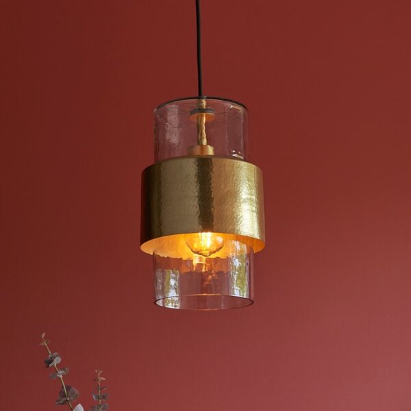 Artisan Ceiling Pendant Light In Hammered Brass Finish With Textured Glass