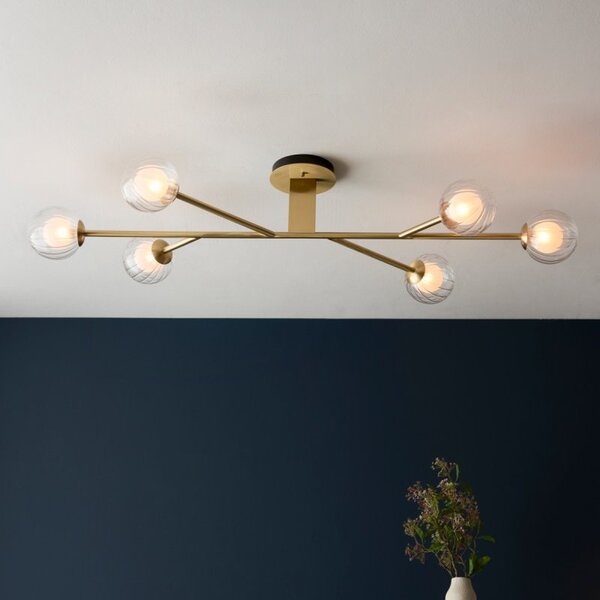 Duo 6 Light Semi Flush Ceiling Light In Satin Brass Finish With Duplex Glass Shades