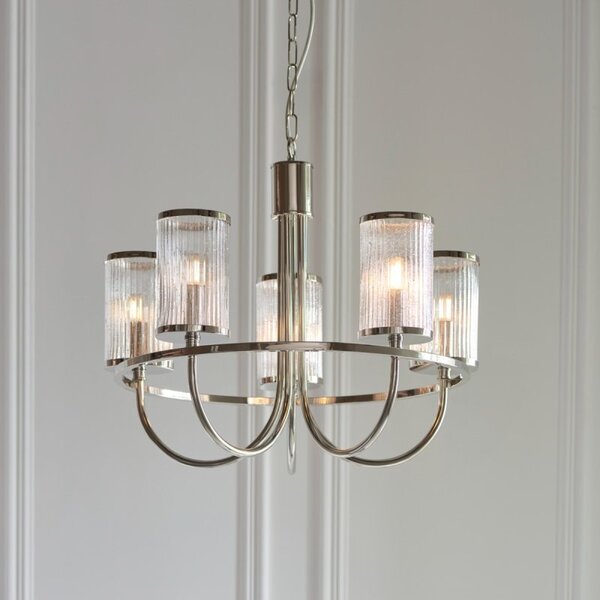 Belgravia 5 Light Ceiling Pendant Light In Bright Nickel With Ribbed Bubble Glass Shades