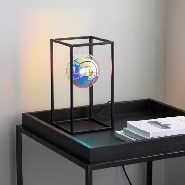 Sphere Table Lamp In Matt Black Finish With Iridescent Glass Globe Shade