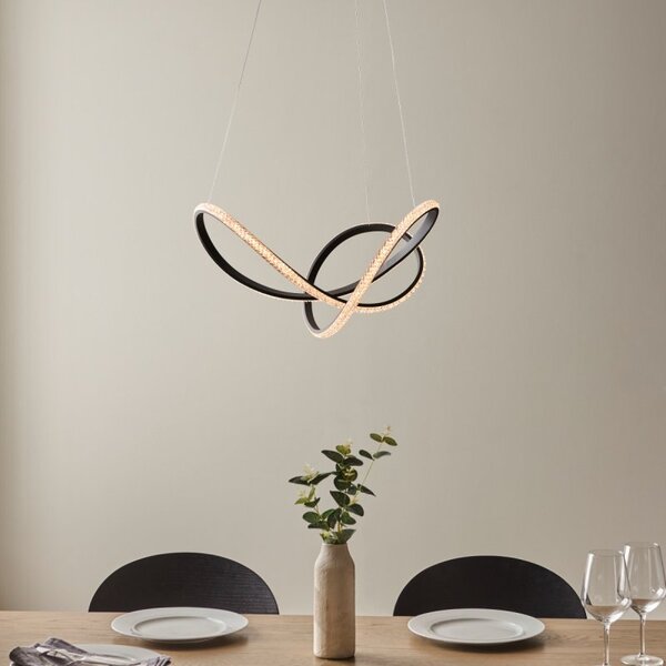 Inez LED Ceiling Pendant Light In Textured Black Finish With Clear Faceted Acrylic 55 cm