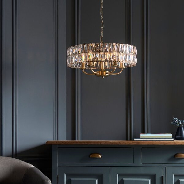 Endon 106244 Clifton 5 Light Crystal Ceiling Pendant Light In Antique Brass Finish