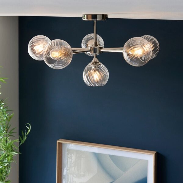 Endon 104050 Allegra 6 Light Semi Flush Ceiling Light In Bright Nickel With Spiral Glass