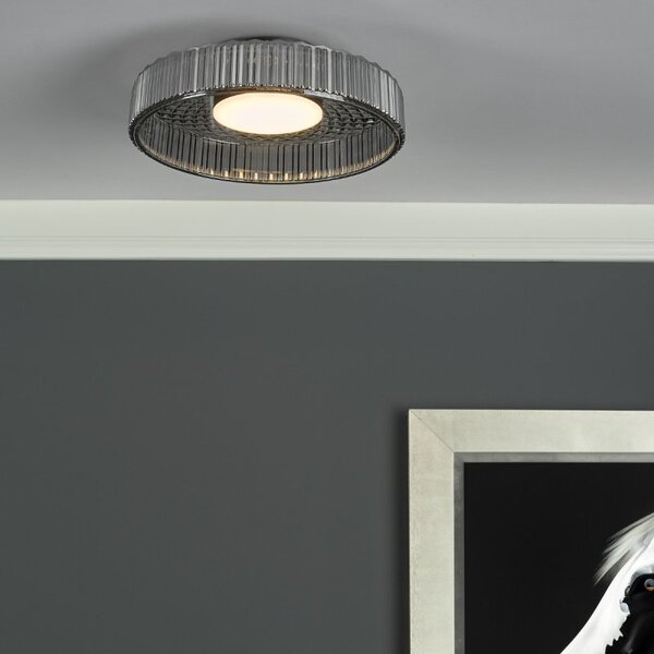 Dar Lighting Leena Flush Ceiling Light In Satin Black With Smoked Ribbed Glass LED LEE5222