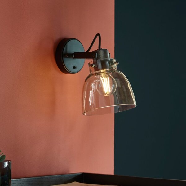 Vintage Single Wall Light In Black Chrome With Smokey Grey Tinted Glass