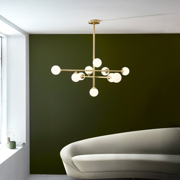 Teardrop 10 Light Ceiling Pendant Light In Satin Brass With Gloss White Glass