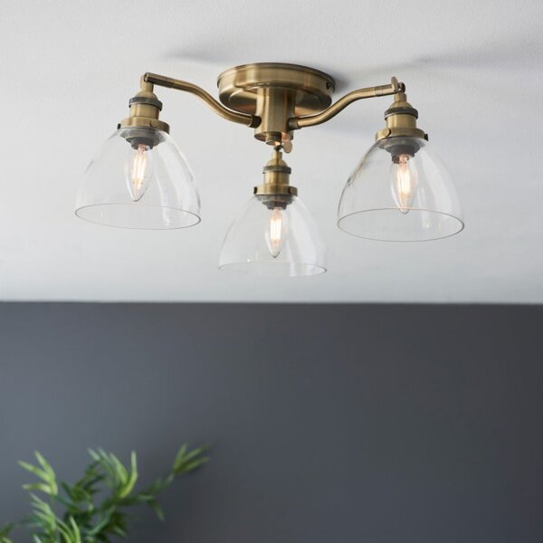 Endon 97247 Hansen 3 Light Flush Ceiling Light In Antique Brass With Clear Glass