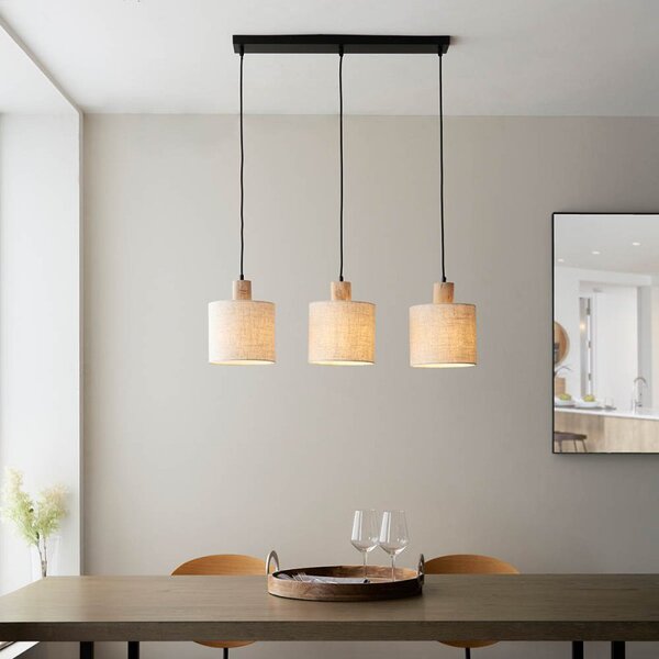 Endon 101681 Durban Linear Ceiling Pendant Light With Wooden Detail and Linen Shade