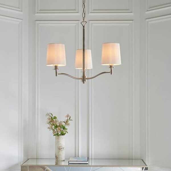 Endon 95828 Ortona 3 Light Ceiling Pendant In Bright Nickel With Vintage White Shades