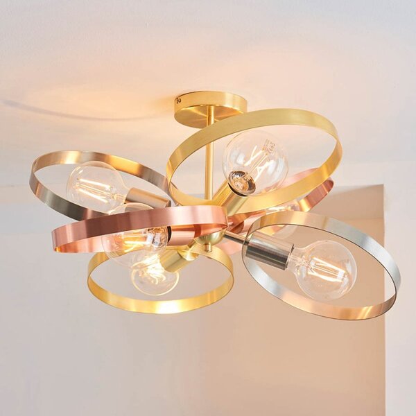 Endon 91935 Hoop 6 Light Ceiling Pendant In Brushed Brass, Copper And Nickel Finish