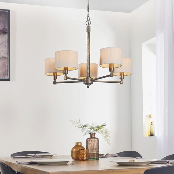 Endon 71345 Indara 5 Light Ceiling Pendant In Hammered Bronze With Natural Fabric Shades