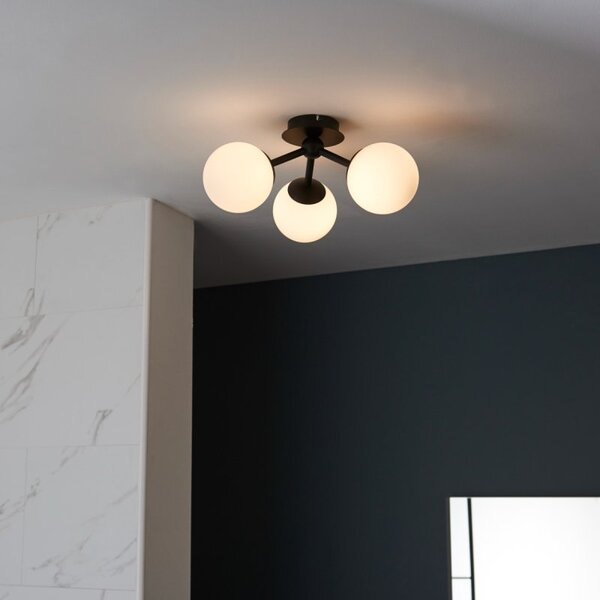 Endon 93489 Pulsa 3 Light Bathroom Semi Flush Ceiling Light In Matt Black With Matt Opal Glass IP44