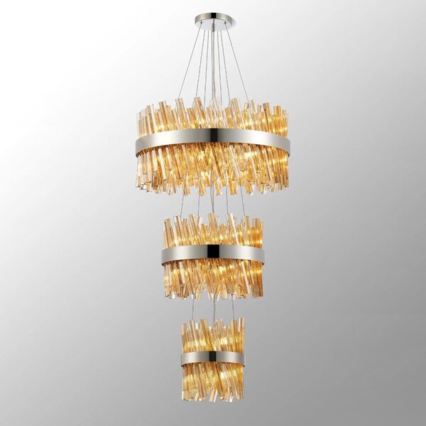 Hampton 3 Tier Ceiling Pendant Light In Polished Nickel Finish With Amber Glass 25+40+60cm