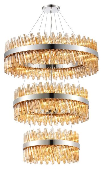 Hampton 3 Tier Ceiling Pendant Light In Polished Nickel Finish With Amber Glass 60+80+100cm