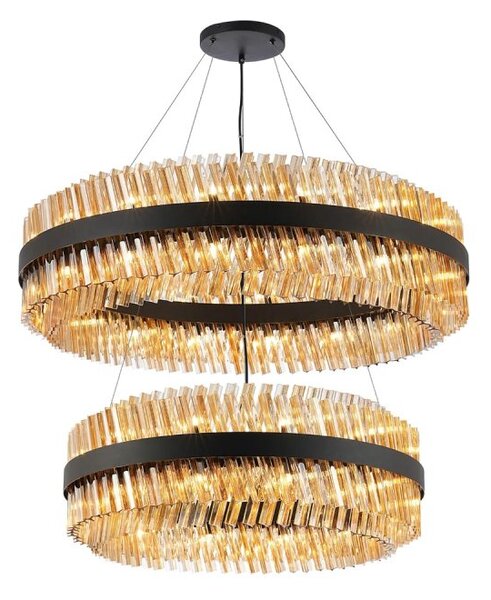 Hampton 2 Tier Ceiling Pendant Light In Satin Black Finish With Amber Glass 80+100cm