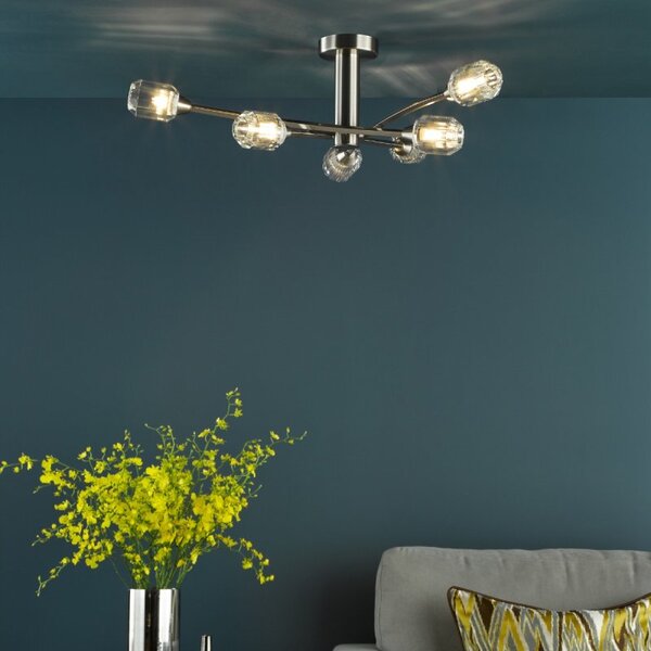 Dar Lighting Zonda 6 Light Semi Flush Ceiling Light In Brushed Nickel With Crystal Glass