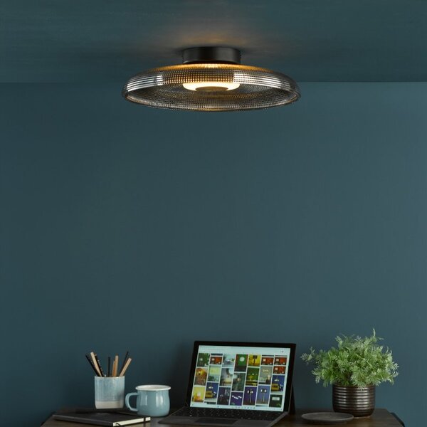 Dar Lighting Ansel LED Flush Ceiling Light With Smoked Textured Glass Shade