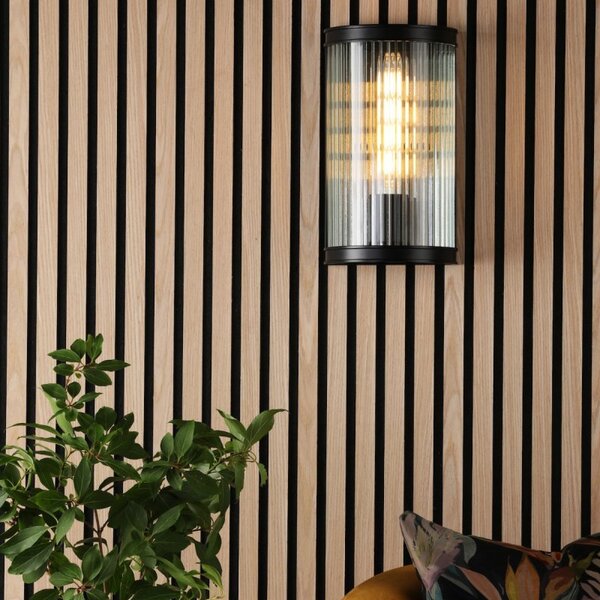 Dar Lighting Bianka Wall Light In Matt Black With Ribbed Glass