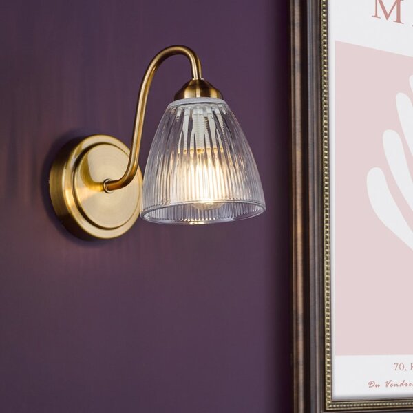 Dar Lighting Glynis Wall Light In Antique Bronze With Ribbed Glass Shade