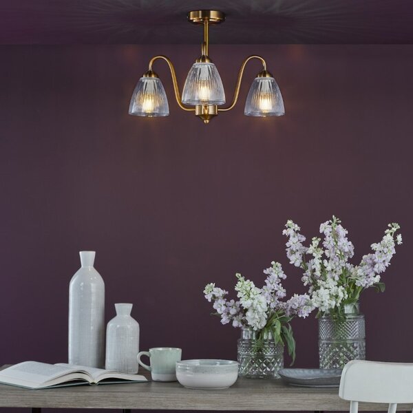 Dar Lighting Glynis 3 Light Semi Flush Ceiling Light In Antique Bronze With Ribbed Glass