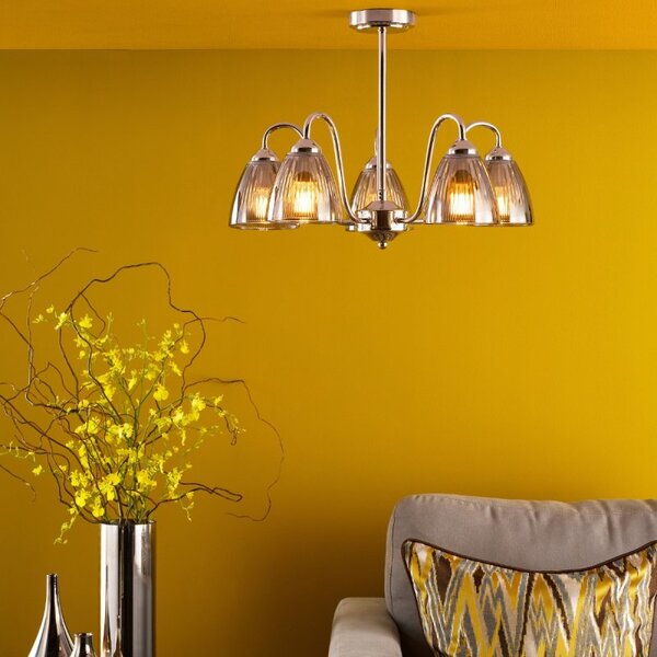 Dar Lighting Glynis 5 Light Semi Flush Ceiling Light In Polished Nickel With Smoked Glass