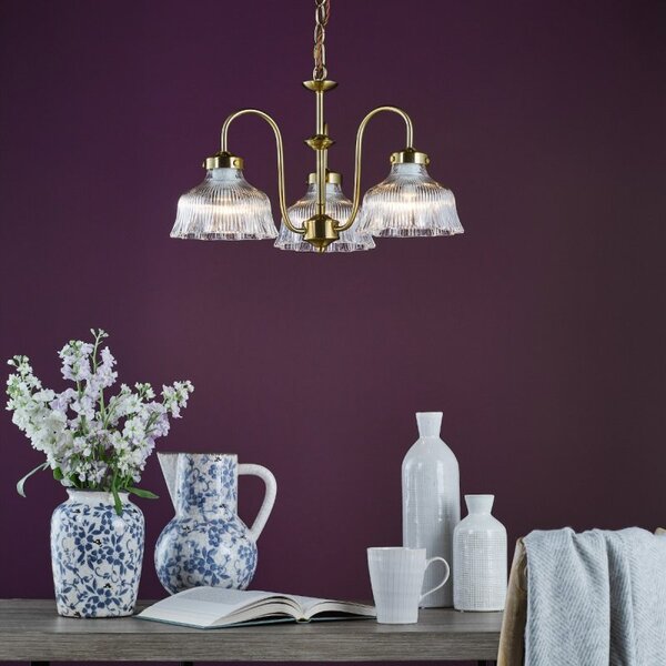 Dar Lighting Maude 3 Light Armed Ceiling Pendant In Natural Brass With Ribbed Glass