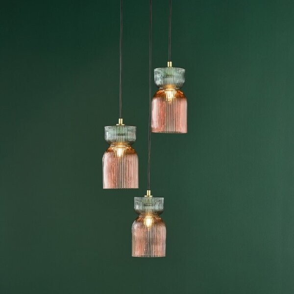 Dar Lighting Rhubarb 3 Light Cluster Pendant In Pink And Green Ribbed Glass