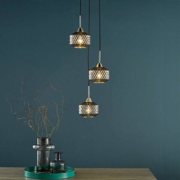 Dar Wisebuys Fabrienne 3 Light Cluster Ceiling Pendant In Satin Nickel And Smoked Glass