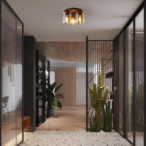 Searchlight Sweden 3 Light Flush Ceiling Light In Mocha With Amber Glass 88911-3MO