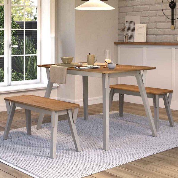 Consett Small Wooden Dining Table With 2 Benches - Grey And Oak