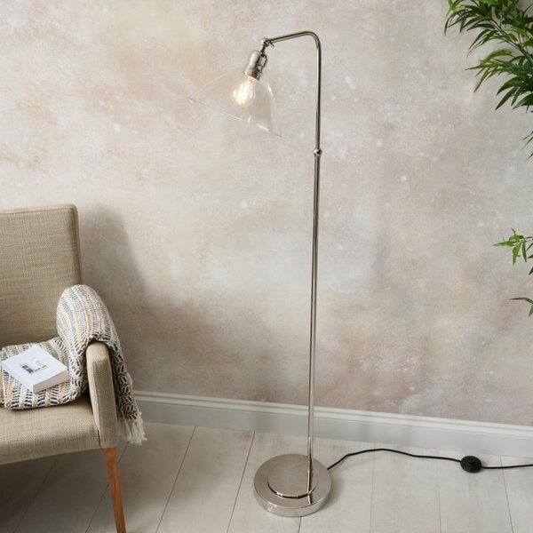Reader Floor Lamp In Bright Nickel Finish With Cleart Glass Shade