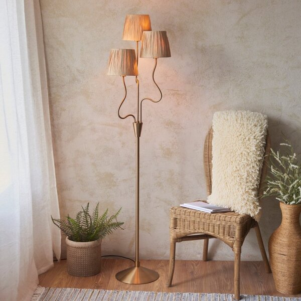Endon 114222 Wriggle 3 Light Floor Lamp In Aged Brass With Raffia Shades