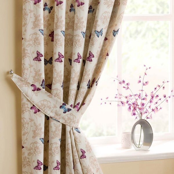 Homescapes Cotton Mauve Curtains Tie Backs Pair Butterfly Design