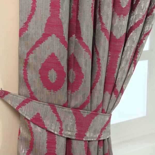 Pink and Silver Jacquard Curtain Tie Back Pair Abstract Ikat Design