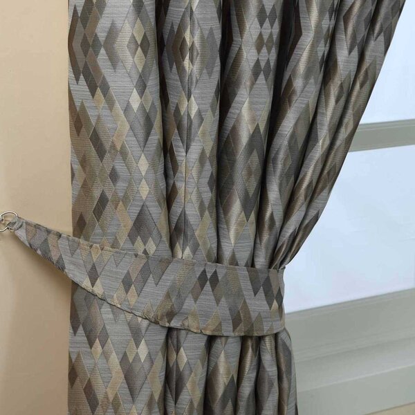 Grey Jacquard Curtain Tie Back Pair Geometric Diamond Design