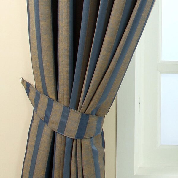 Homescapes Blue and Gold Jacquard Tie Back Pair Modern Striped Design