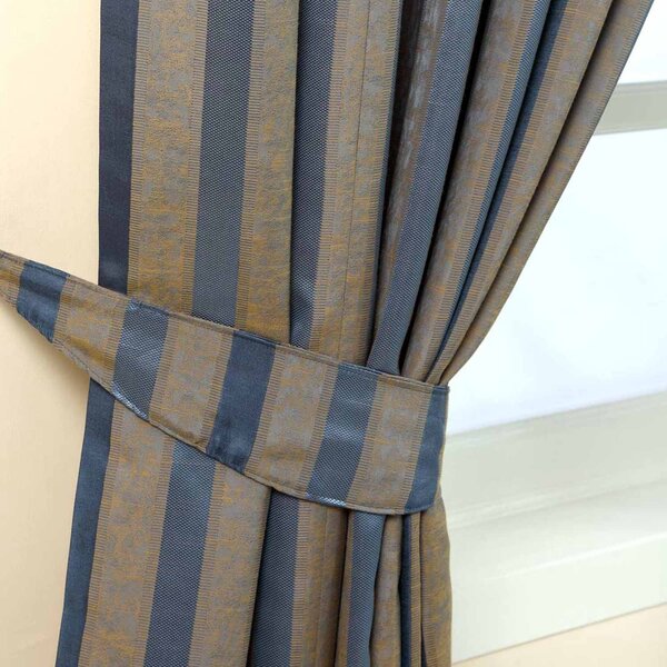 Homescapes Blue and Gold Jacquard Tie Back Pair Modern Striped Design