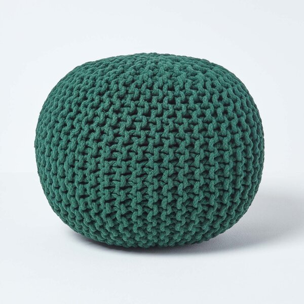 Homescapes Green Knitted Cotton Pouffe Footstool Round 35 x 40 cm