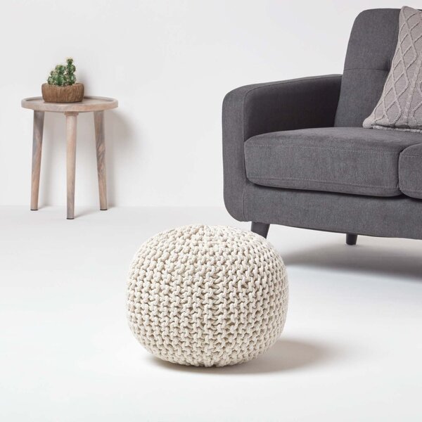 Homescapes Natural Knitted Cotton Pouffe Footstool Round 35 x 40 cm