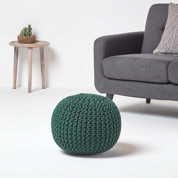 Homescapes Green Knitted Cotton Pouffe Footstool Round 35 x 40 cm