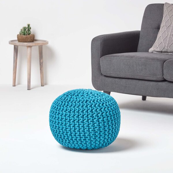 Homescapes Teal Blue Knitted Cotton Pouffe Footstool Round 35 x 40 cm