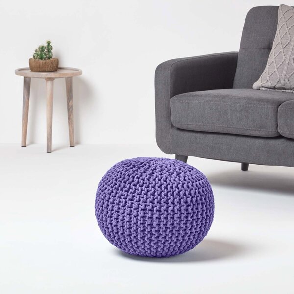 Homescapes Purple Knitted Cotton Pouffe Footstool Round 35 x 40 cm