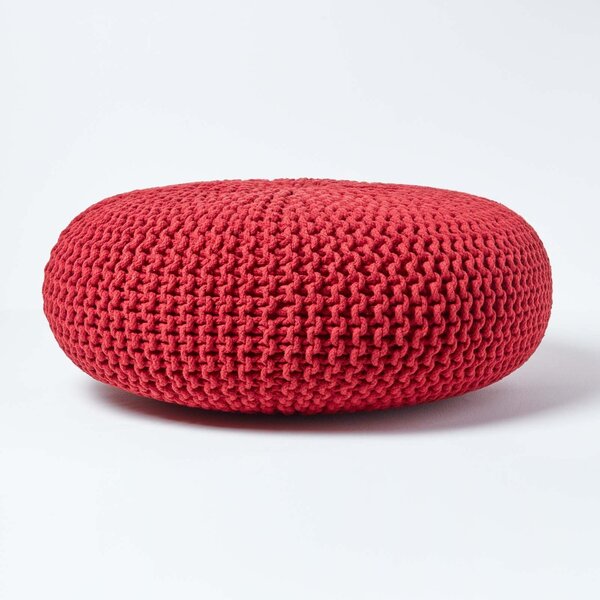 Homescapes Red Knitted Cotton Large Round Pouffe Footstool 70 x 23 cm