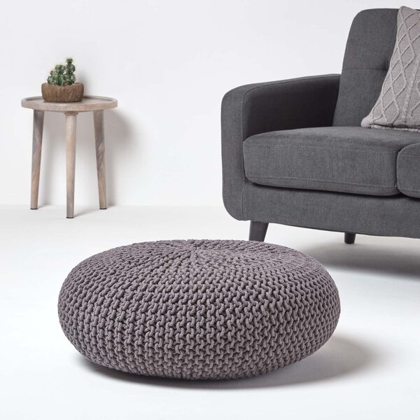 Homescapes Dark Grey Knitted Cotton Large Round Pouffe Footstool 70 x 23 cm