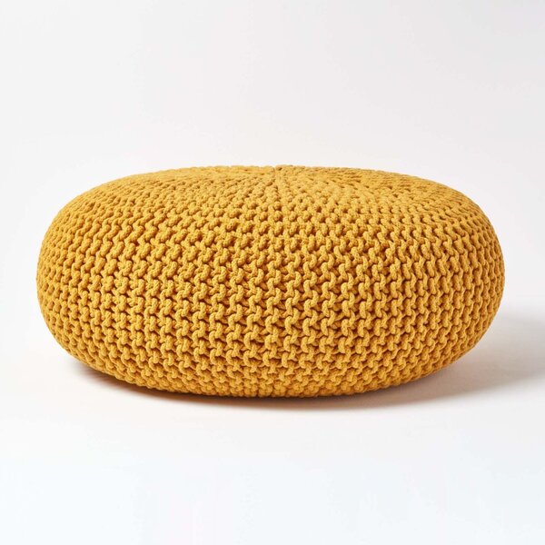 Homescapes Mustard Knitted Cotton Large Round Pouffe Footstool 70 x 23 cm